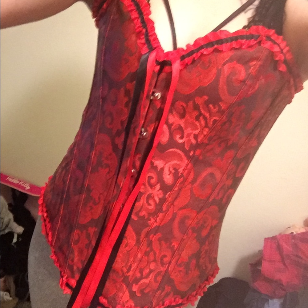 Red lace satin overbust corset medium m
